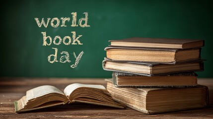 Celebrating world book day with vintage books stacked on a wooden table against a green background.