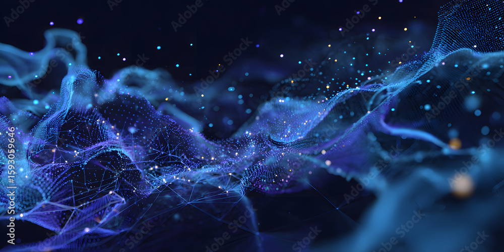 Poster data and ai concept with big data, neural networks, and machine learning flow. futuristic illustrati