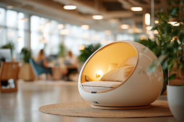 Cozy nap pod in vibrant co-working space encourages relaxation amidst office bustle