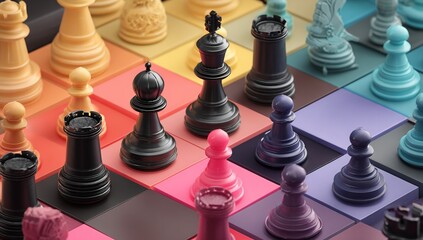 Colorful Chessboard with AI Symbolic Piece Representing Strategy, Market Research, and News Technology on White Background – Conceptual Business Visualization