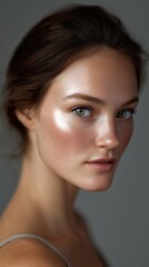 An intimate portrait captures the serene beauty of a woman with soft, highlighted skin, her gaze meeting the viewer's with a sense of gentle introspection.