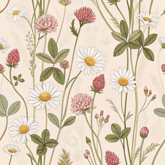 “Vintage botanical pattern — wildflower meadow with daisies and clover in dusty pink and beige”
