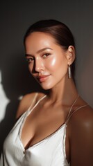 A captivating portrait of a woman exudes confidence, bathed in soft, natural light and casting alluring shadows, emphasizing her natural beauty.