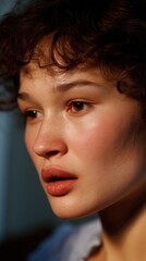 An intimate portrait of a woman, her soft gaze and slightly parted lips hinting at a moment of quiet contemplation or emotional depth. Light gently caresses her features.