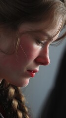 A serene portrait of a young woman in a moment of quiet introspection, her delicate features illuminated by soft light. The image captures a sense of peacefulness and thoughtful reflection.