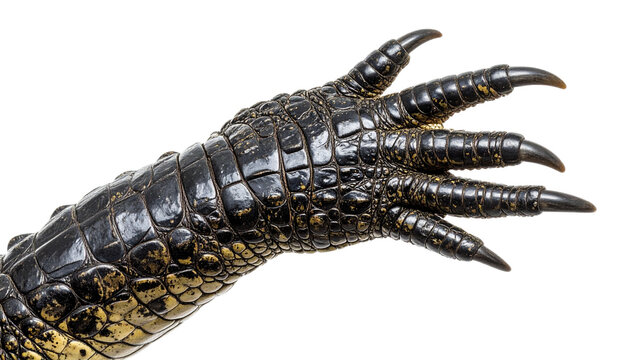 Detailed view showcases the formidable foot of a crocodile against a stark black backdrop, highlighting its scales, claws and texture, transparent background