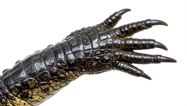 Detailed view showcases the formidable foot of a crocodile against a stark black backdrop, highlighting its scales, claws and texture, transparent background