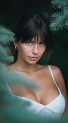 A portrait captures a young woman's captivating gaze, framed by natural foliage, offering a serene yet alluring ambiance.