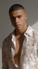 A young man with a strong gaze and an alluring physique strikes a pose in soft lighting, captured in a close-up shot.