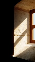 A sunlit window casts dramatic shadows on an aged, textured wall, creating a captivating interplay of light and shadow. Revealing the stark beauty and architectural detail.