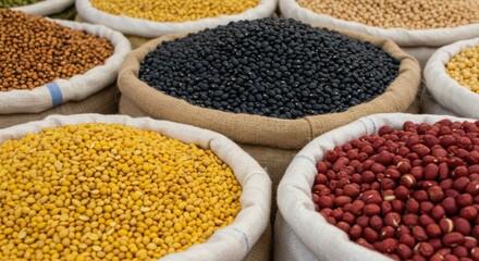 Obraz premium Abundance of various colorful legumes beans and seeds in sacks for nutrition and healthy eating