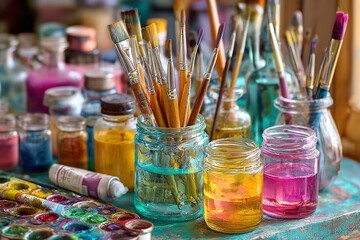Colorful Painting of an Artist’s Desk with Paintbrushes, Oil Paint Tubes, and Watercolor Pigments in Glass Vases