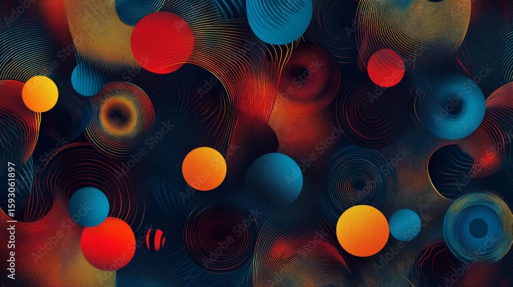 Fototapete abstract composition featuring vibrant spheres and concentric lines in dynamic red, orange, and blue