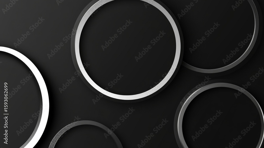 Poster circular shapes with silver trim creates a modern and dark background for design projects and elegan