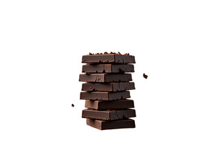 Stack of dark chocolate squares isolated on transparent background