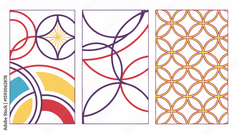 Poster three panels with overlapping circles and starburst patterns in various colors on a white background