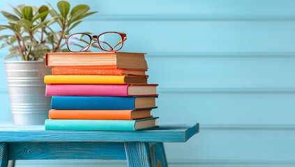 Colorful Stack of Books with Glasses on Blue Wooden Table for Creative Educational Content and Digital Inspiration Concepts