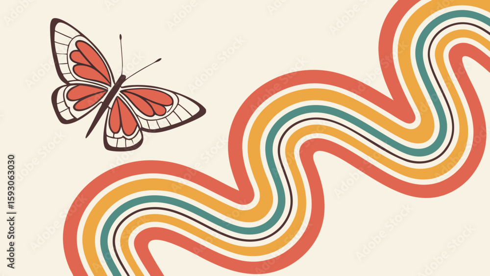 Poster illustration of a butterfly next to a retro style wavy line with multiple colors on a light backgrou
