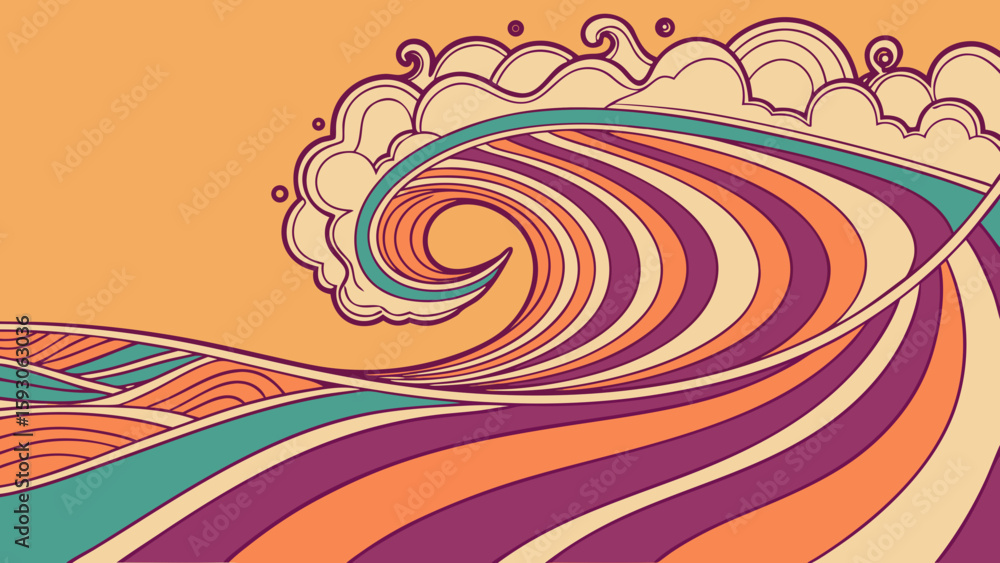 Poster stylized wave illustration with swirling patterns and a retro color palette on a light orange backgr