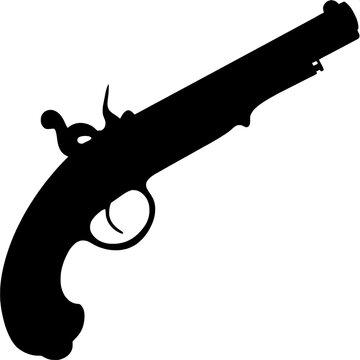 A silhouette of a vintage flintlock pistol, depicted in profile, showcasing its classic curved handle and long barrel. The style is flat black on white, with no shading.



