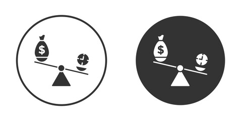 Time and money compare scale icon. Black filled vector illustration. vector logo template