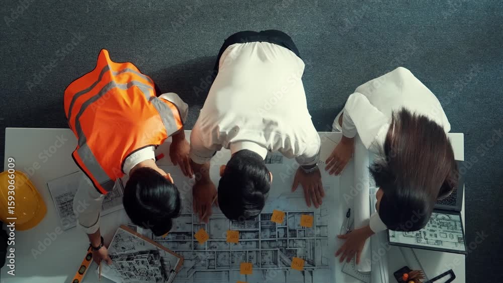 Poster top down view of project manager and civil engineer hold laptop while explain idea to architect. aer