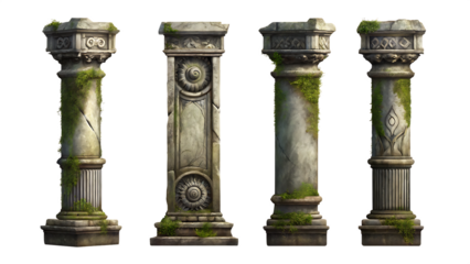 old ruins pillar set isolated on white background PNG, AI GENERATED
