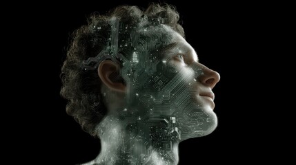 Futuristic concept of human profile with circuit board overlay symbolizing technology and connectivity