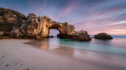 朝焼けに染まる夏の海辺アーチ