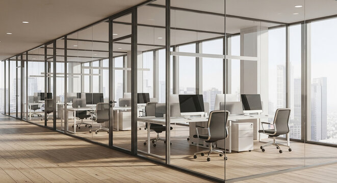 Modern office interior with glass partitions, showcasing workstations and city view.  Represents contemporary workspace design, productivity, and professional environment.