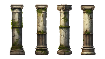 old ruins pillar set isolated on white background PNG, AI GENERATED