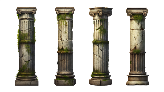 old ruins pillar set isolated on white background PNG, AI GENERATED