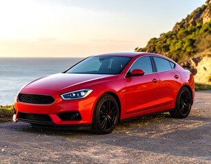 Red car on a coastal road at sunset