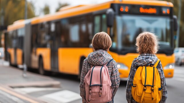 Two children with backpacks are waiting to board a yellow bus on a city street for school. - Powered by Adobe