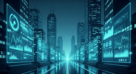 Futuristic cityscape at night, featuring digital displays showcasing data graphs and charts, symbolizing technological advancement and data-driven urban life
