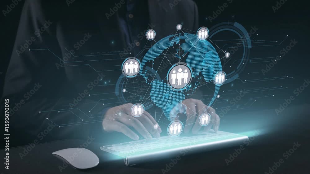Poster a modern and artistic representation of digital networking showcasing human connection icons overlai