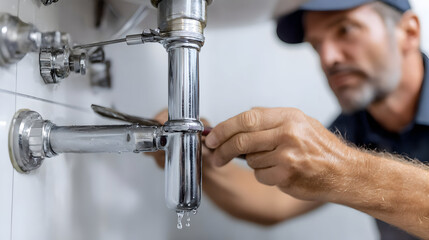 Skilled plumber in cap tightening a leaky sink drain pipe with a wrench water dripping from the connection