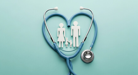 Stethoscope forming heart shape around family figures, symbolizing healthcare, family well-being, and medical insurance concepts Free space for text