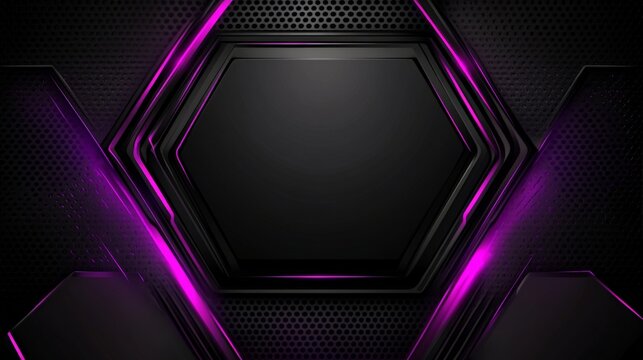 Hexagon frame with glowing purple neon lights against dark background for a modern futuristic tech concept.