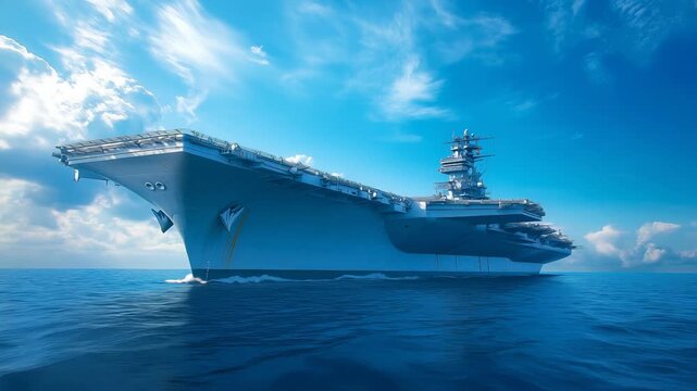 Massive warship cutting through expansive seascape, showcasing advanced military engineering and strategic maritime capabilities under dramatic cloudy horizon.