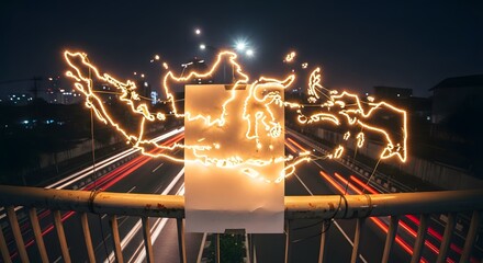 Nighttime cityscape photograph featuring illuminated outline of a country map over a blurred highway with light trails and a central rectangular light.