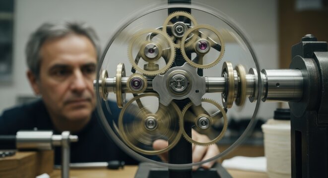 Elderly male observing gears in motion in workshop setting