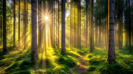 Fototapeta premium Sunbeams in Misty Forest, Magical Sunlight Through Trees