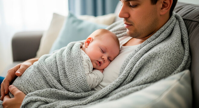 A serene portrait of a father tenderly cradling his sleeping baby, wrapped in a cozy blanket, sharing a quiet moment of connection and love.