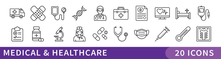Medical and Healthcare Minimalist Icon Set, A clean and professional set of 20 minimalist icons featuring medical tools, healthcare symbols, and wellness elements—ideal for clinics, hospitals, and hea