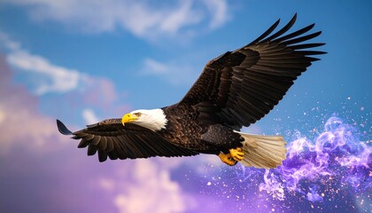 A majestic bald eagle in side profile, flying at full speed made of vibrant purple flames, with motion blur and glowing purple fire particles against a bright blue sky backdrop, full of energy