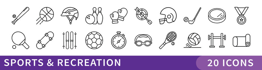 Sports and Recreation Minimalist Icon Set, A dynamic set of 20 minimalist icons featuring various sports, athletic gear, and fitness activities&mdash;perfect for health, training, or competition themes.

