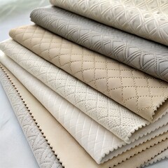 Stacked fabric swatches with diamond stitching and textured patterns