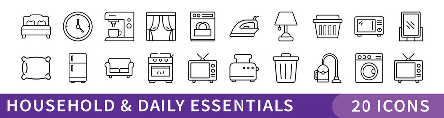 Household and Daily Essentials Icon Set, A practical collection of 20 minimalist icons featuring everyday household items and furniture—ideal for lifestyle, home, and interior-related projects.
