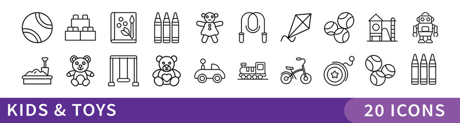 Kids and Toys Minimalist Icon Set Collection, A playful set of 20 minimalist icons representing children’s toys, games, and activities—perfect for education, childcare, or playful design projects.
